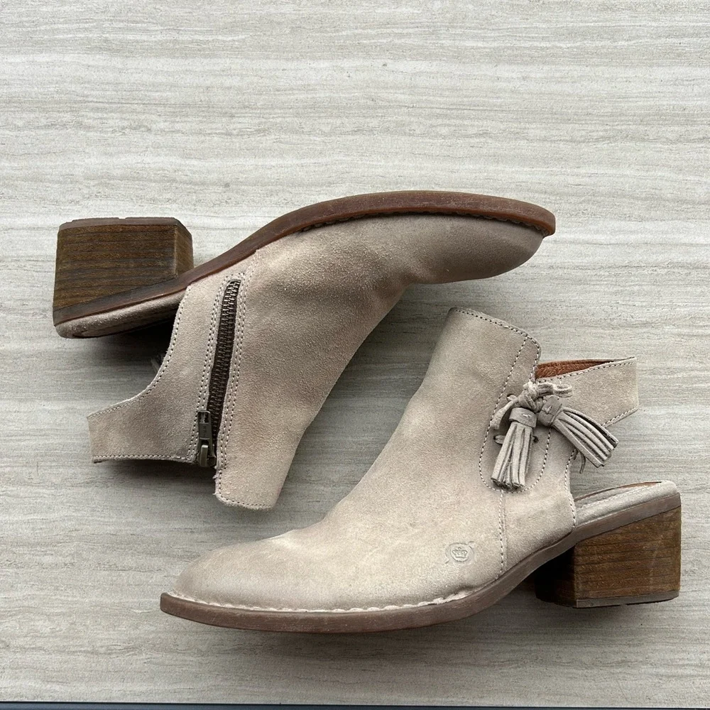 Born Women’s Leather Tassel Mule Booties Suede Block Heel Boho Western Sz 9.5